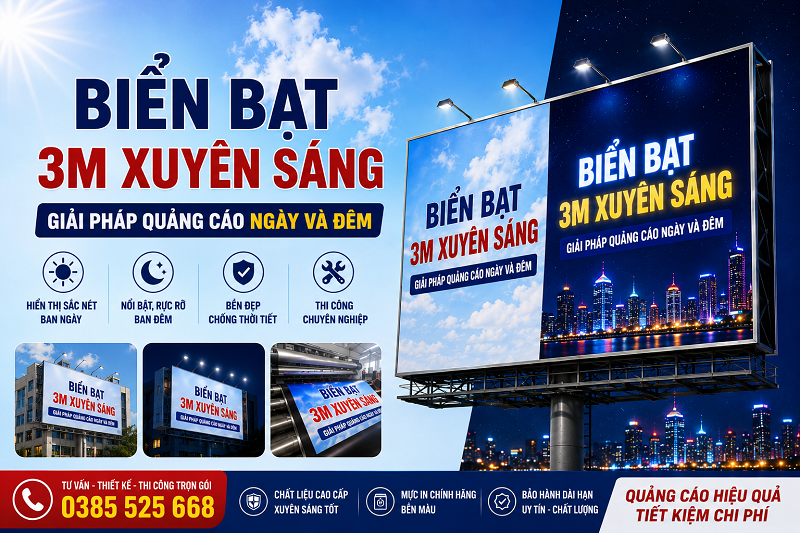 BIỂN BẠT 3M XUYÊN SÁNG – GIẢI PHÁP BIỂN QUẢNG CÁO NỔI BẬT NGÀY VÀ ĐÊM